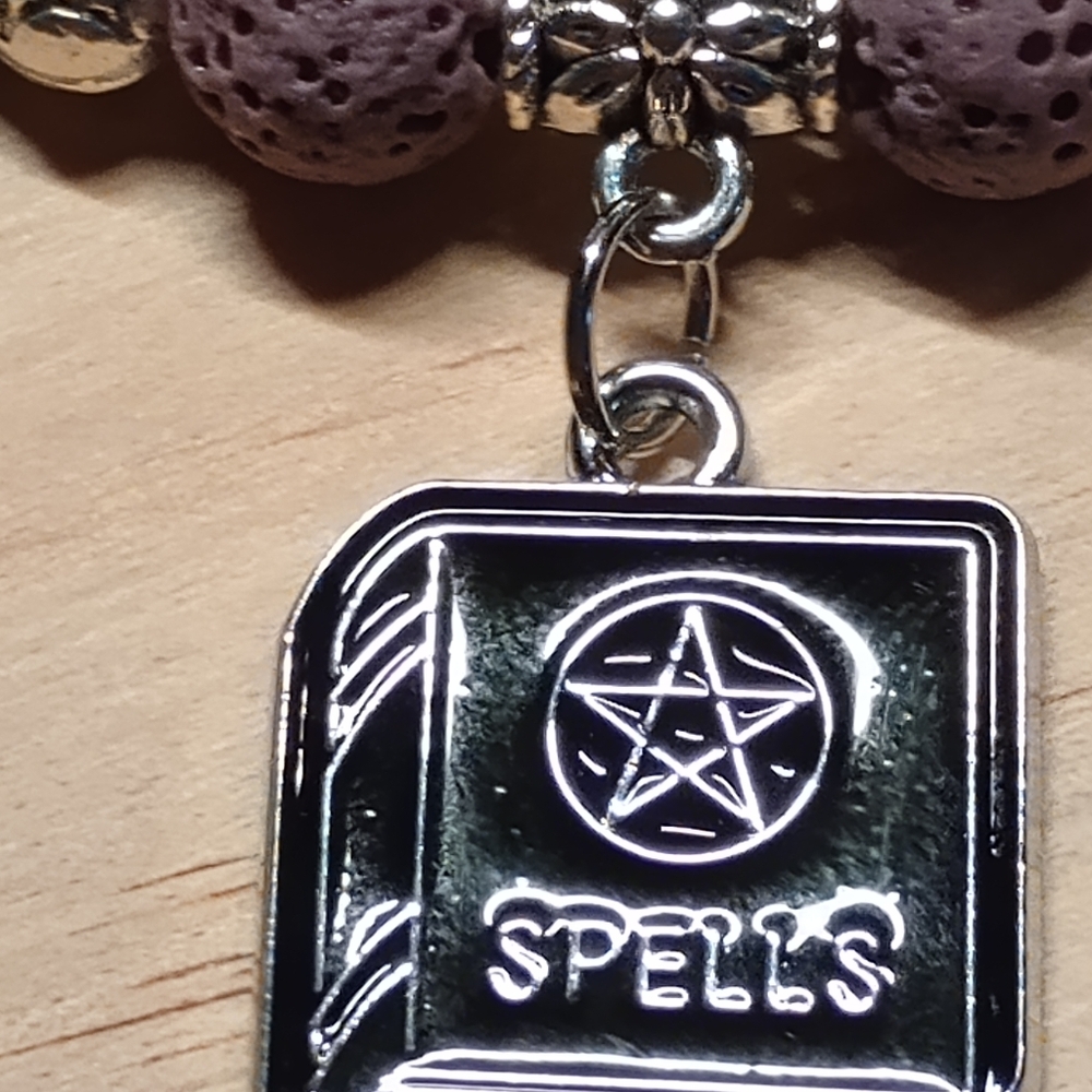Witchy Spell Book Charm And Lava Stone Beaded Bracelet - Violet and Black - Picture 2 of 4